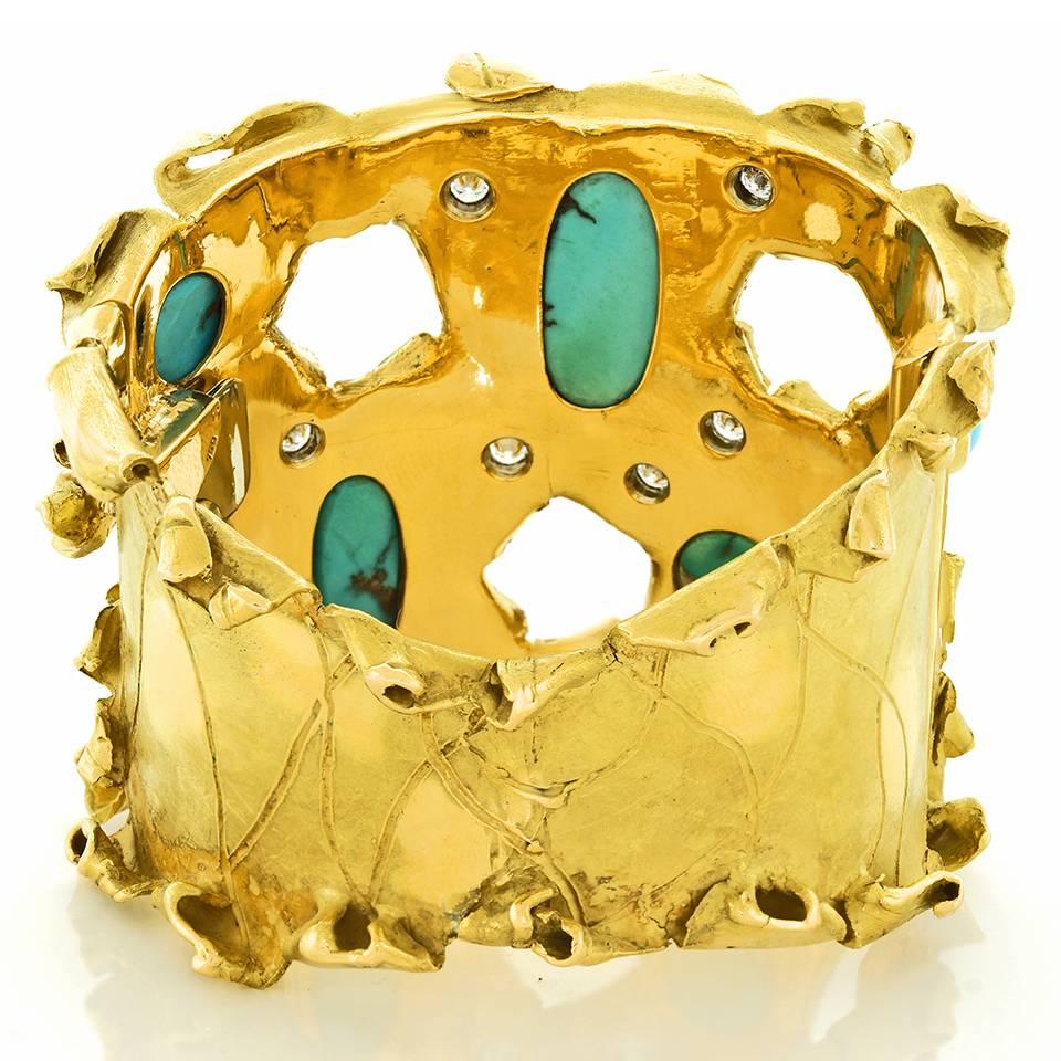 Brutalist Persian Turquoise Gold Cuff Bracelet  3