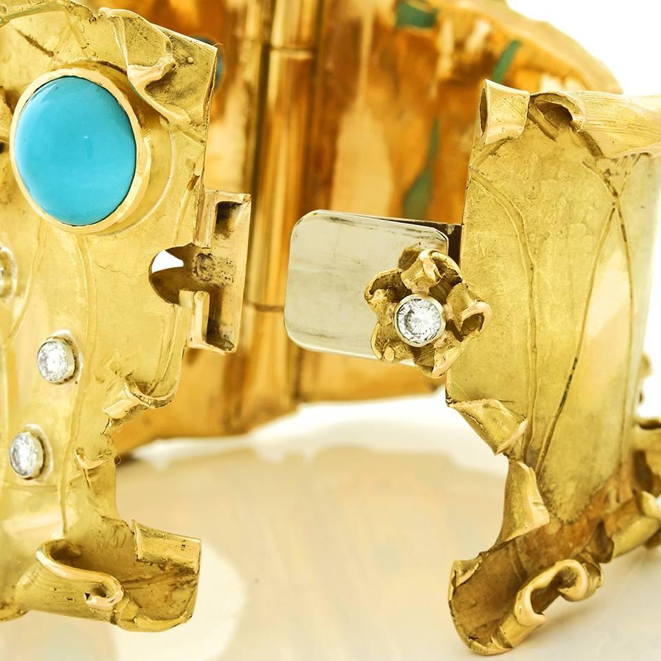 Brutalist Persian Turquoise Gold Cuff Bracelet  4