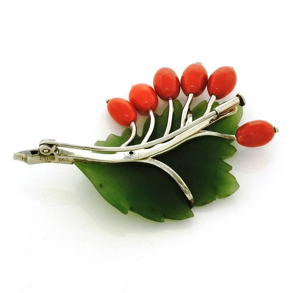 jade coral gold Leaf and Berry Brooch  3