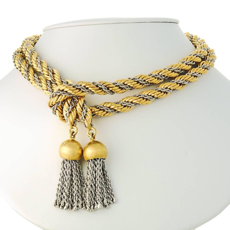 1970s Tannler 43 inch Gold Lariat Necklace with Tassels In Excellent Condition In Litchfield, CT