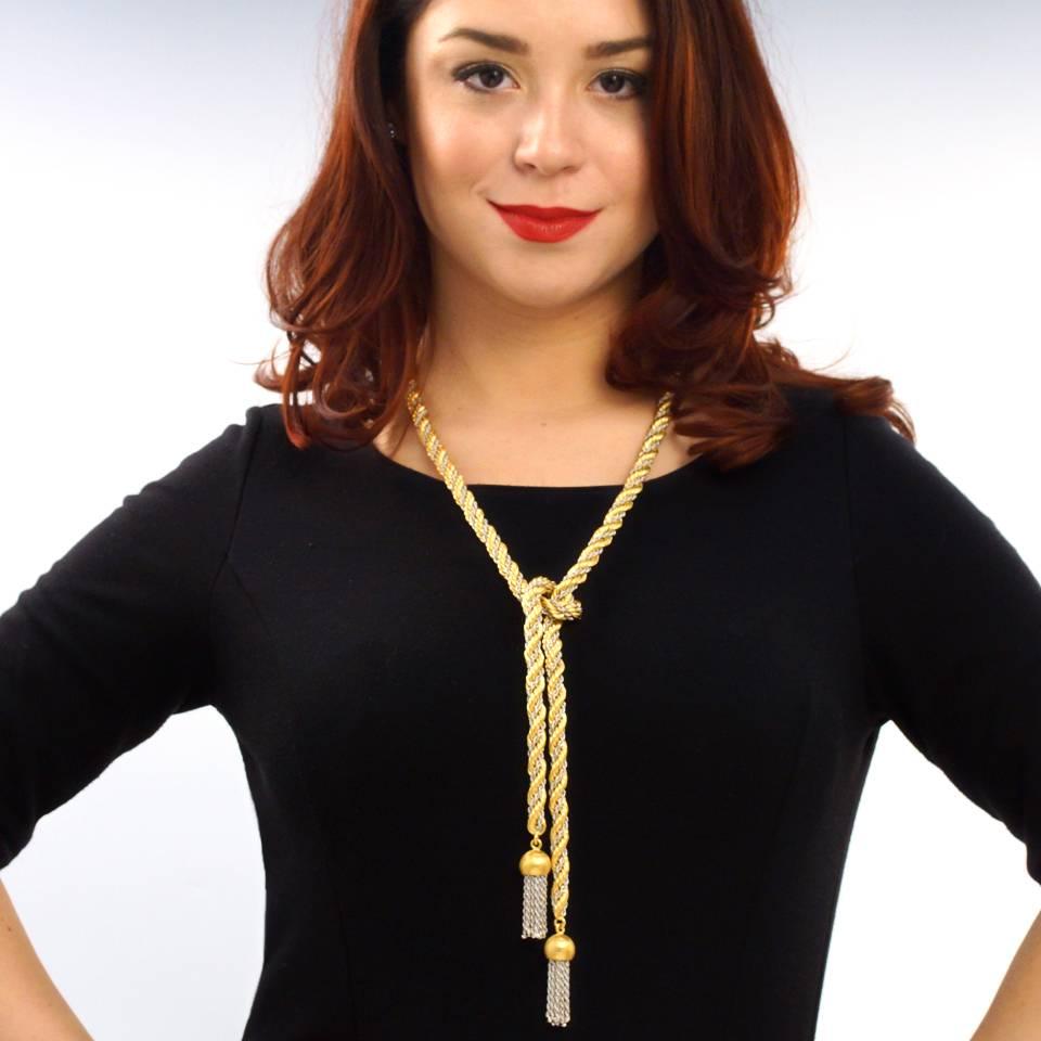 Women's 1970s Tannler 43 inch Gold Lariat Necklace with Tassels