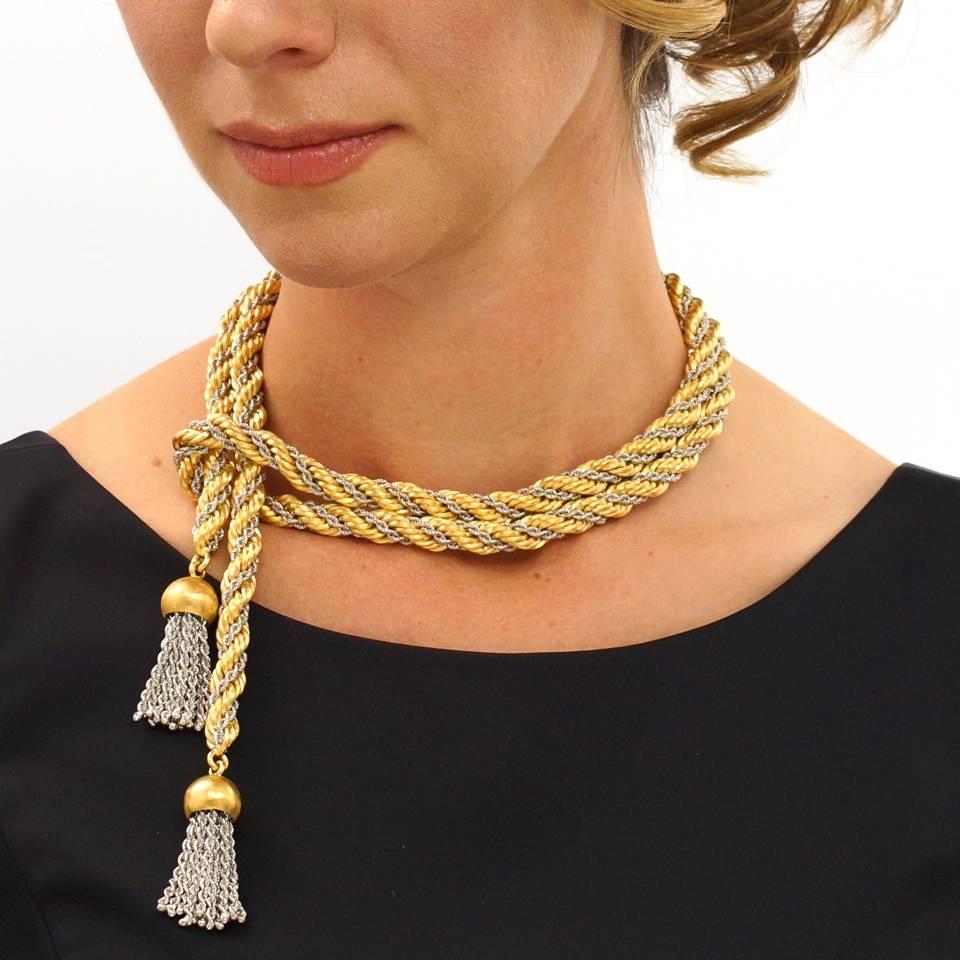 1970s Tannler 43 inch Gold Lariat Necklace with Tassels 6