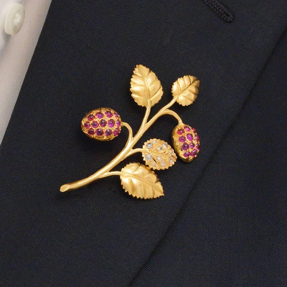 Art Deco Raspberry Branch Pin in Rubies, Diamonds, and Gold 1