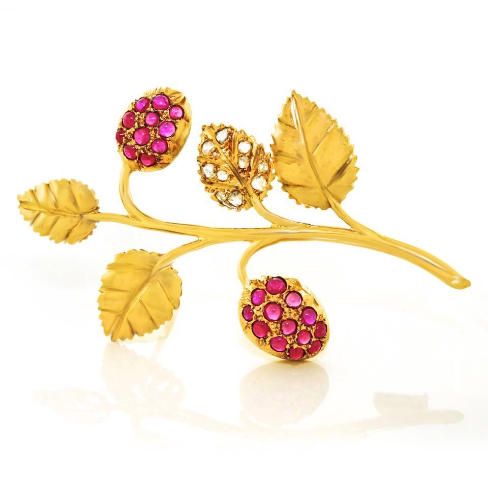 Women's Art Deco Raspberry Branch Pin in Rubies, Diamonds, and Gold