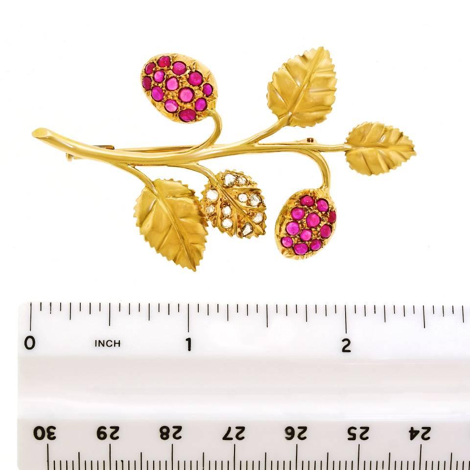 Art Deco Raspberry Branch Pin in Rubies, Diamonds, and Gold 3
