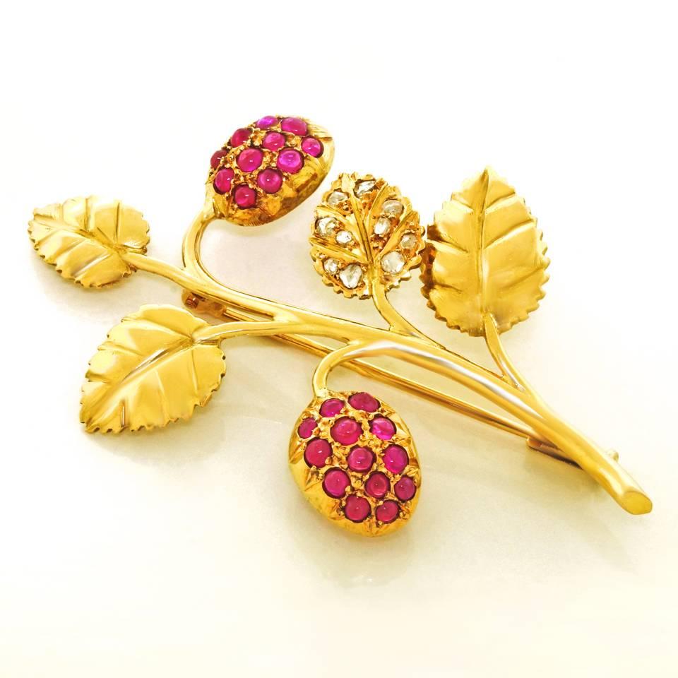 Art Deco Raspberry Branch Pin in Rubies, Diamonds, and Gold 4