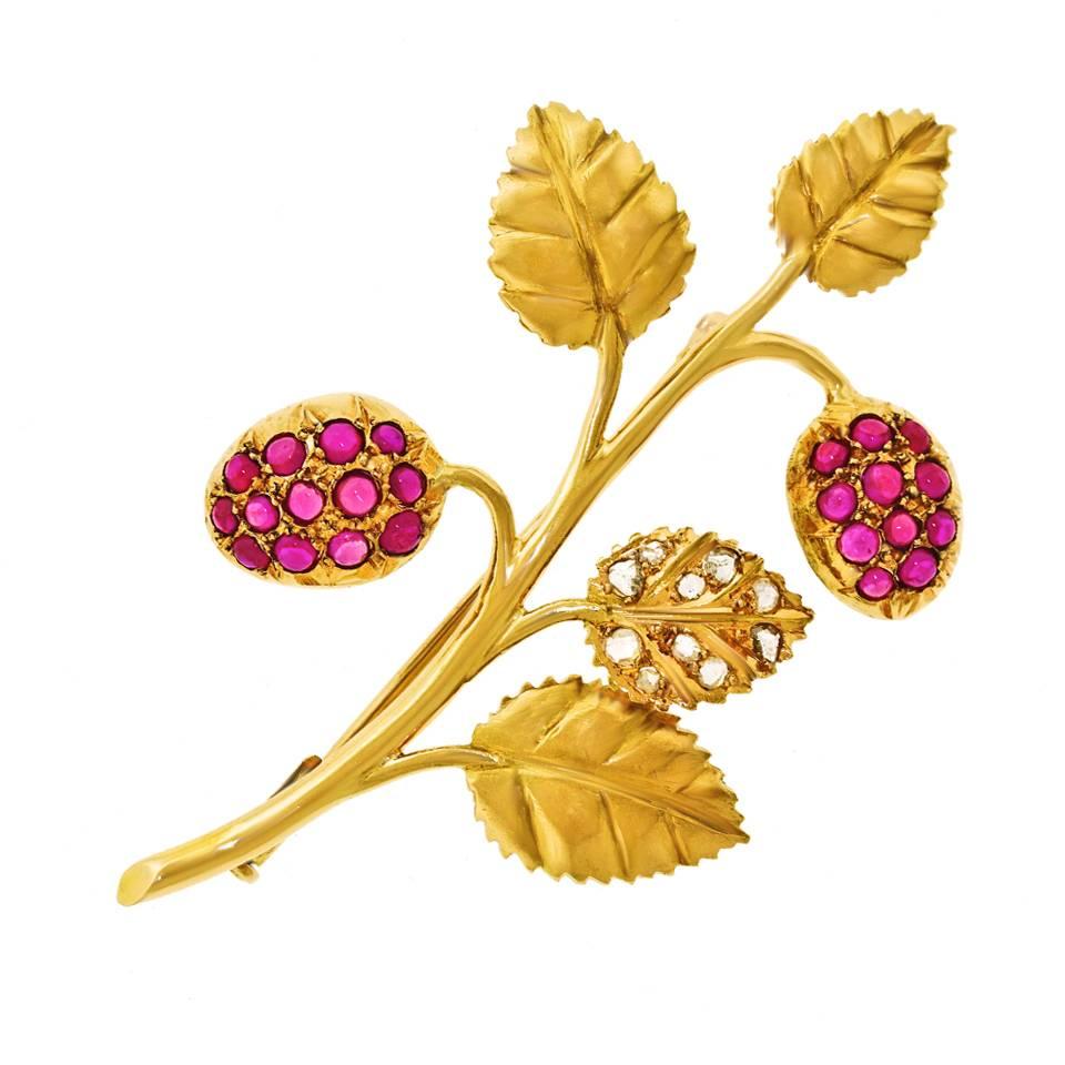 Art Deco Raspberry Branch Pin in Rubies, Diamonds, and Gold