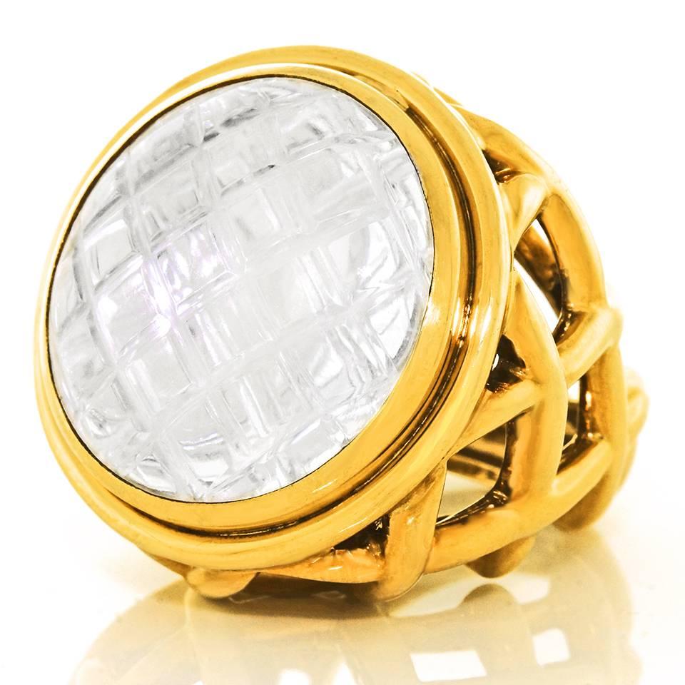 David Webb Rock Crystal Gold Dome Ring In Excellent Condition In Litchfield, CT
