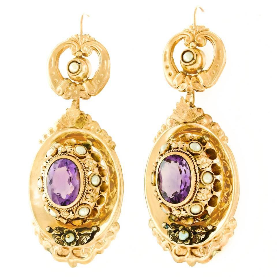 Fabulous Huge Antique Amethyst and Pearl Earrings in Gold For Sale at ...