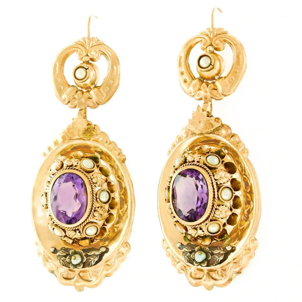 Edwardian  Antique Chic Amethyst Pearl Gold Earrings