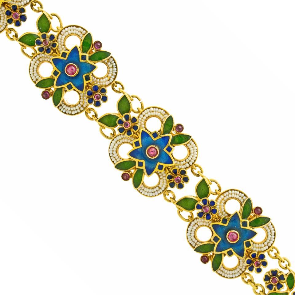 Ruby Seed Pearl Enamel Revivalist Gold Bracelet  In Excellent Condition In Litchfield, CT