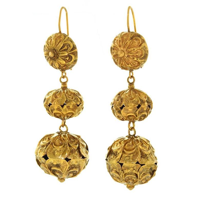 Long Victorian Yellow Gold Chandelier Earrings For Sale at 1stdibs