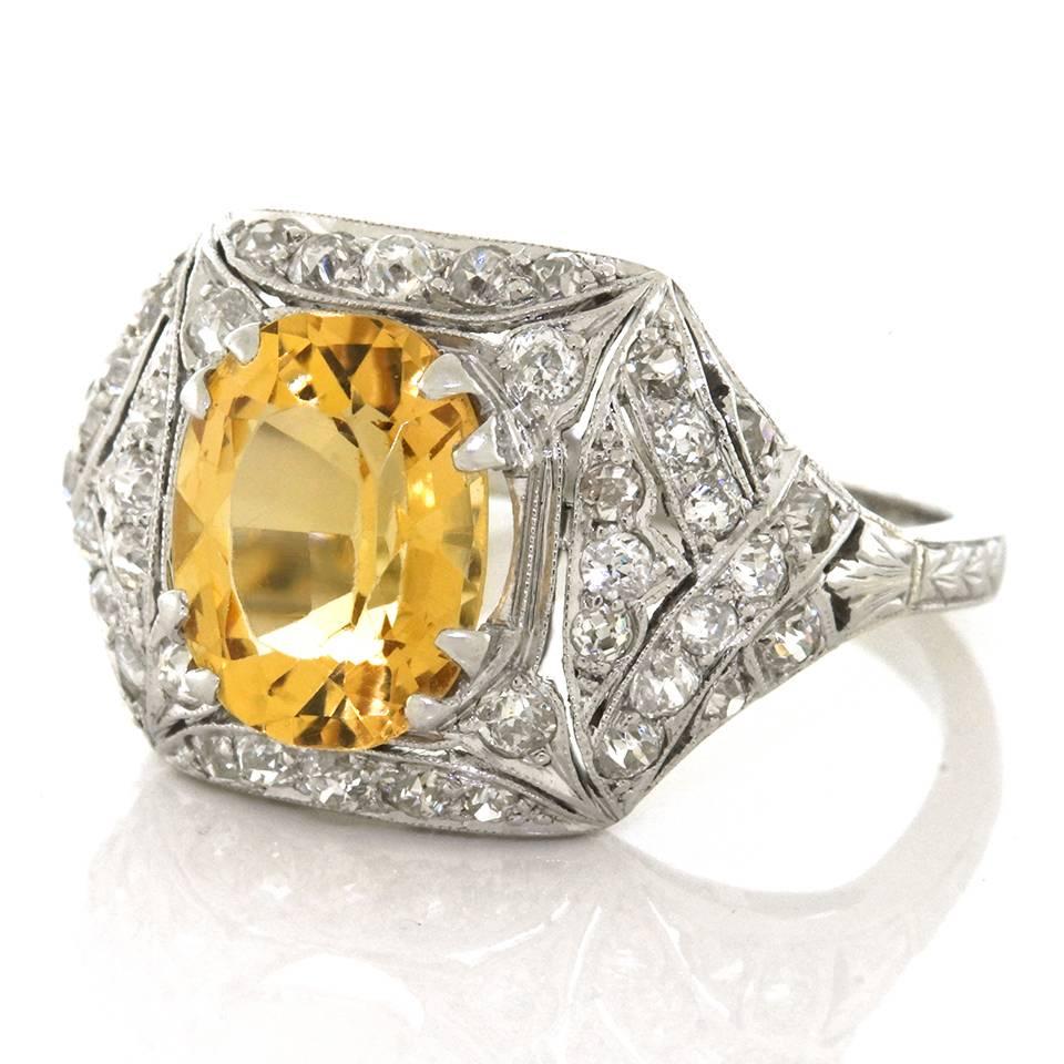Art Deco Natural Topaz Diamond Platinum Ring  In Excellent Condition In Litchfield, CT