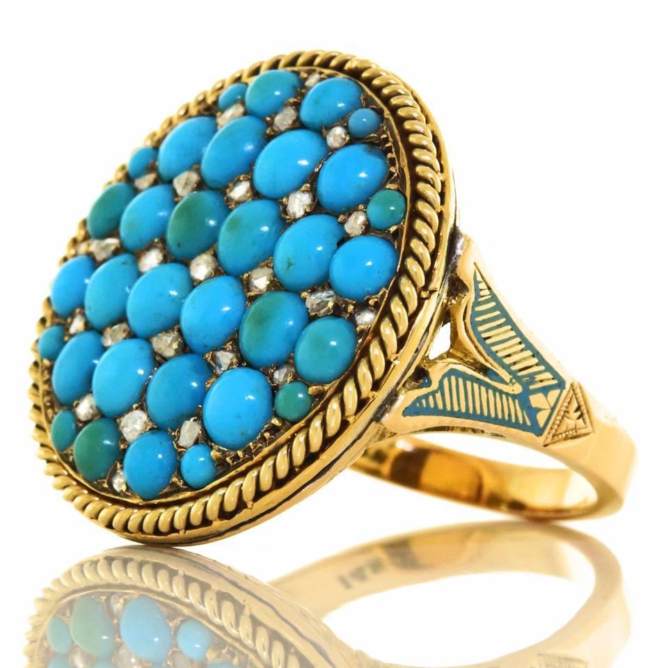 Antique Persian Turquoise Enamel Diamond Gold Ring For Sale at 1stdibs