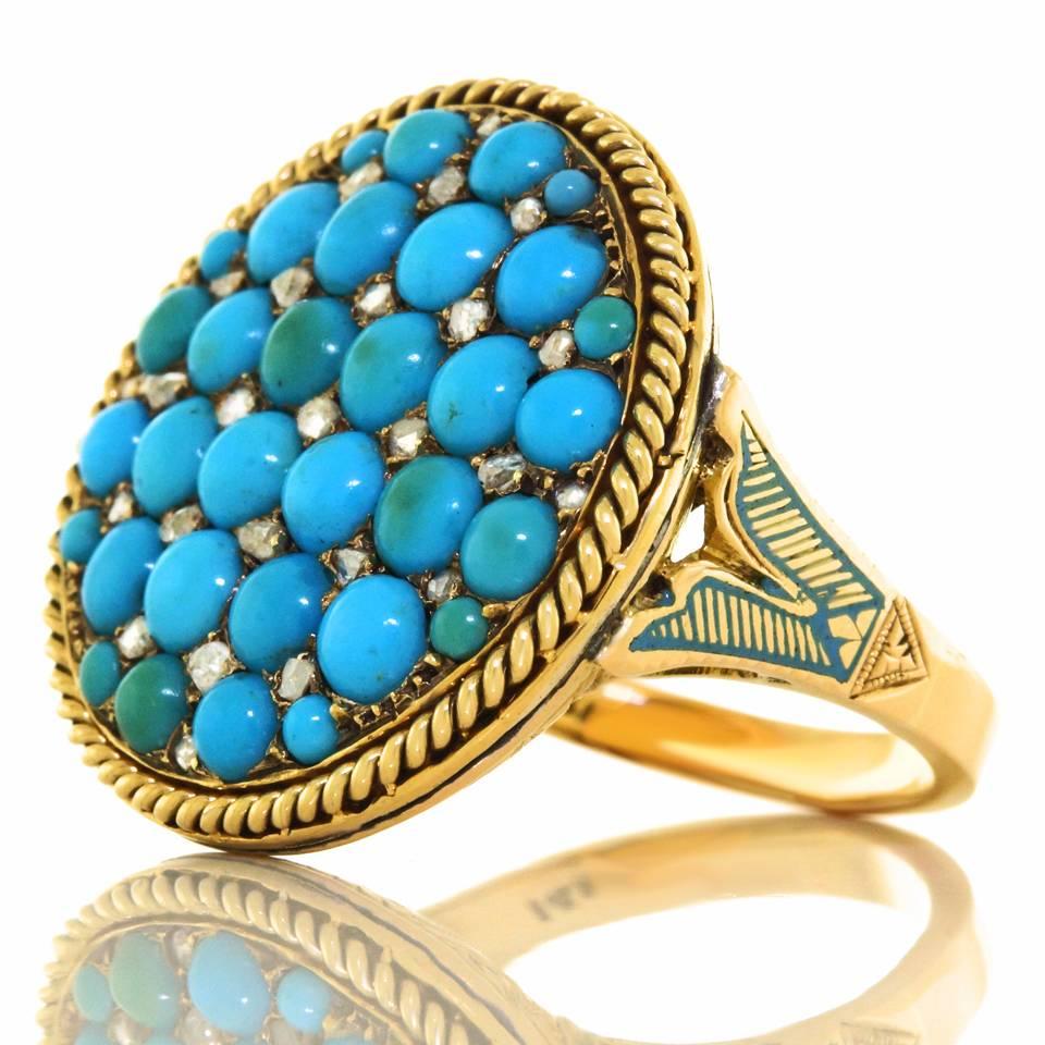 Circa 1880-1920, 14k. This Antique ring is one-of-a-kind. The look and feel is colorful antique chic all the way. Featuring Persian turquoise and diamonds encircled by roped gold, the under-gallery is beautifully engraved, and the hoop subtly