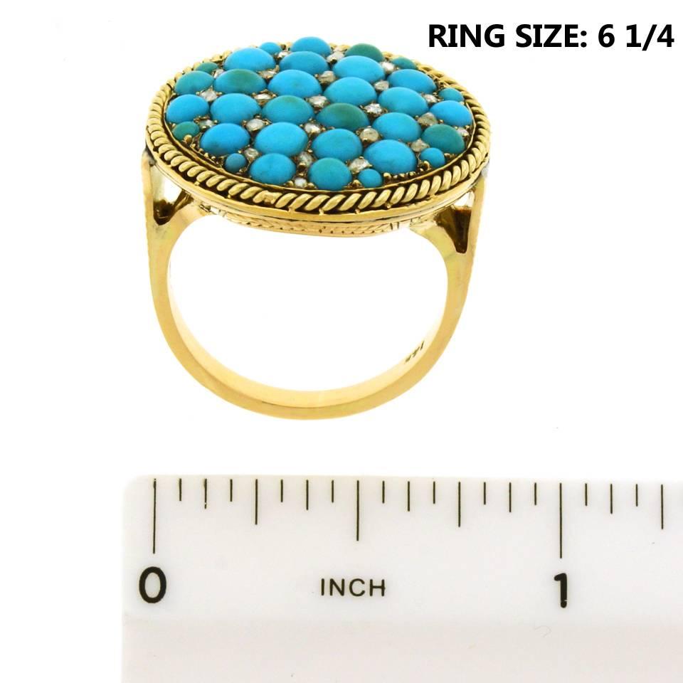 Antique Enamel Persian Turquoise Diamond Roped Gold Ring In Excellent Condition In Litchfield, CT