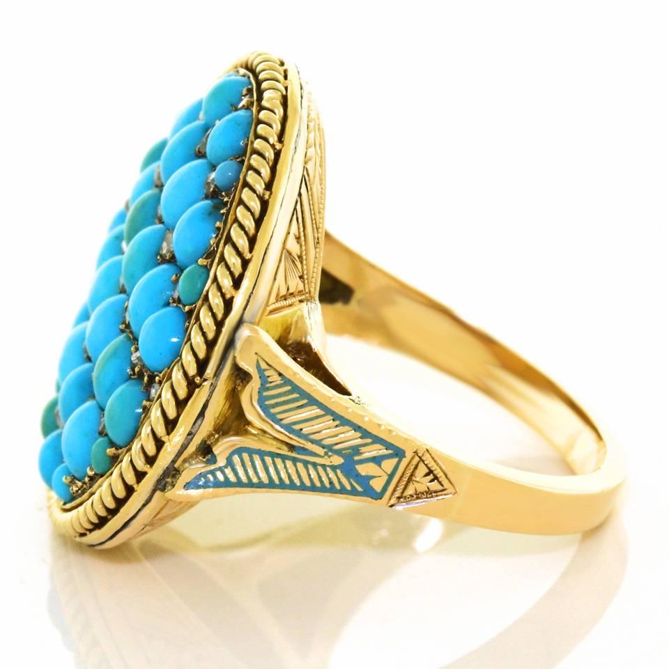 Women's Antique Enamel Persian Turquoise Diamond Roped Gold Ring