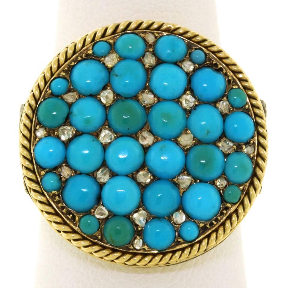 Antique Enamel Persian Turquoise Diamond Roped Gold Ring 1