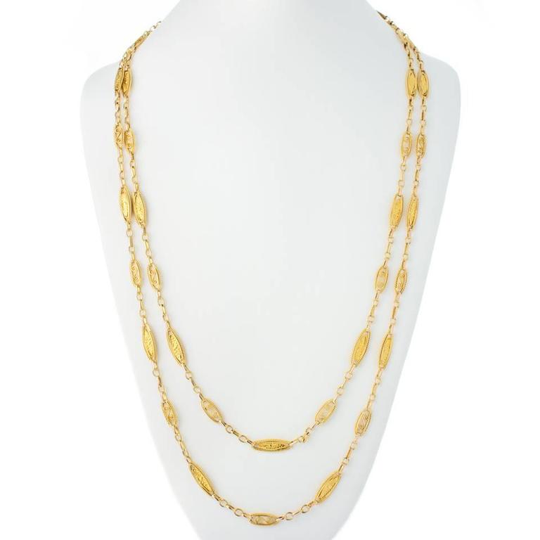 French Art Deco 62-inch-long Gold Filigree Necklace at 1stDibs