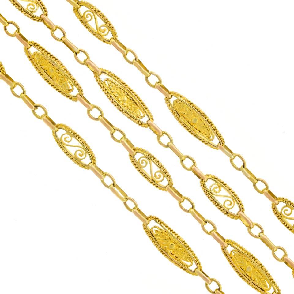 French Art Deco 62-inch-long Gold Filigree Necklace 1
