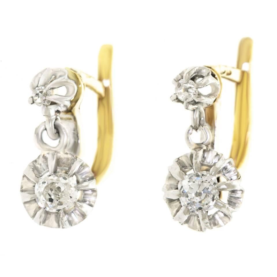 Antique French Diamond White Gold Drop Earrings