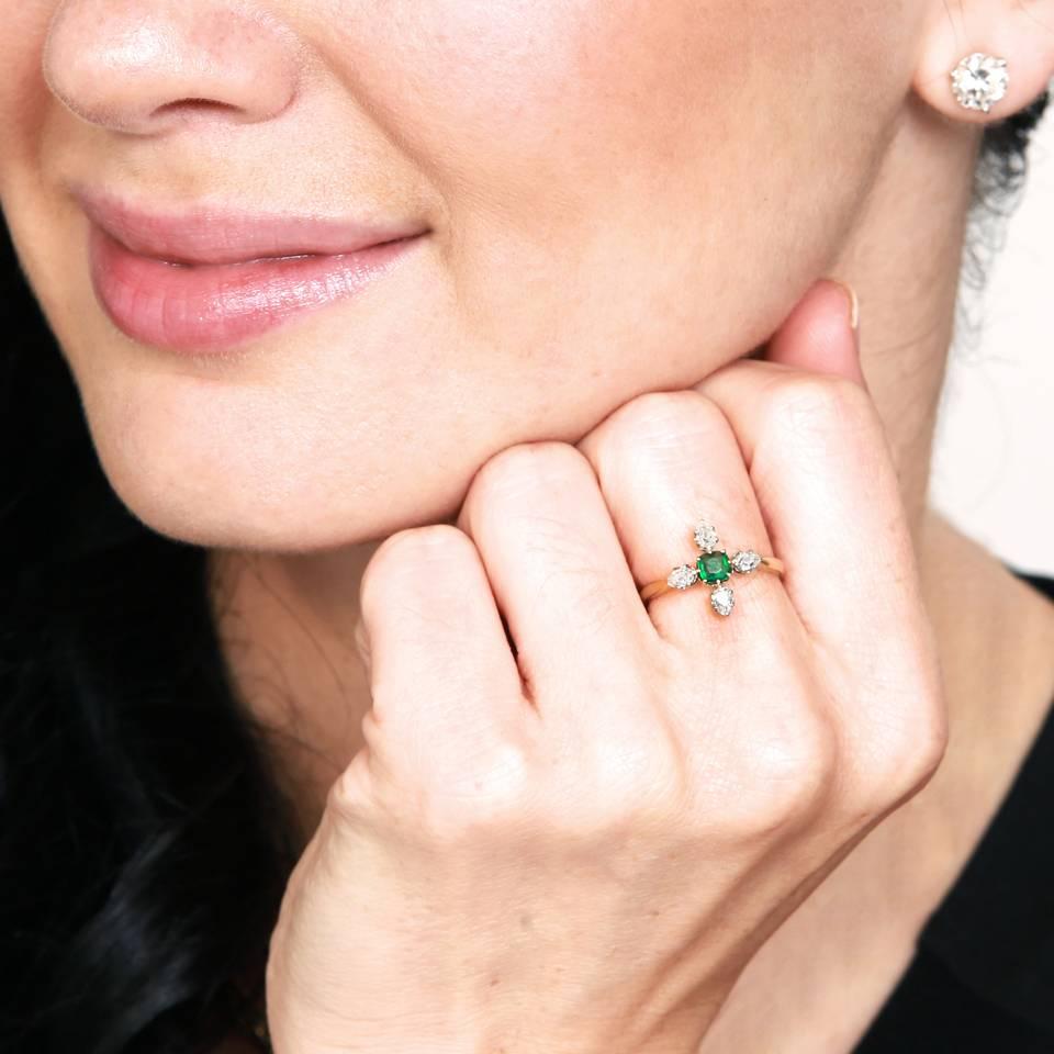 Women's Antique French Emerald Diamond Gold Ring