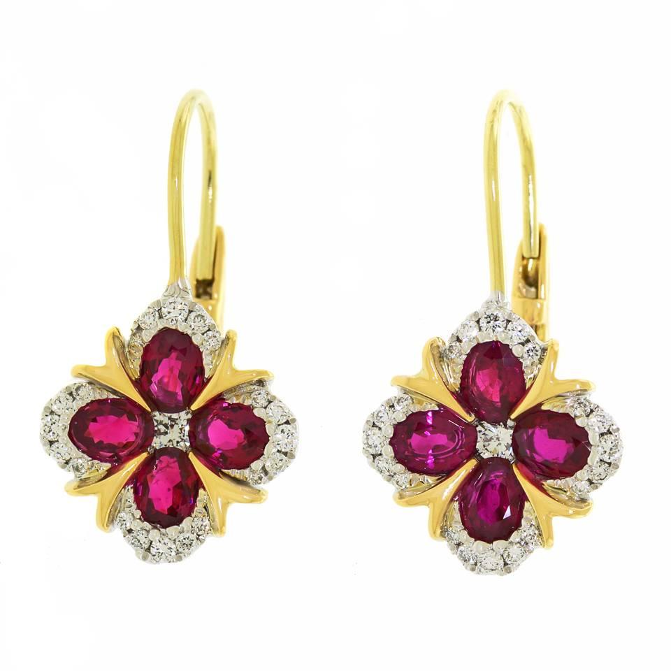 Spark Ruby Diamond Gold Dangle Earrings In Excellent Condition In Litchfield, CT