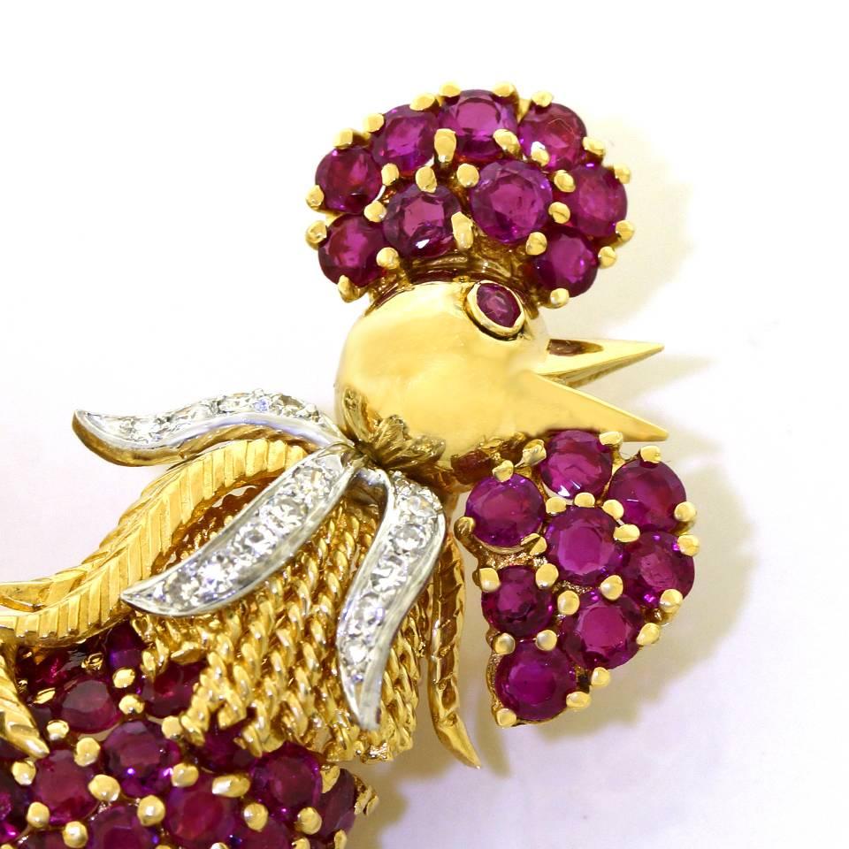 Women's Tiffany & Co. Ruby Diamond Gold Rooster Brooch