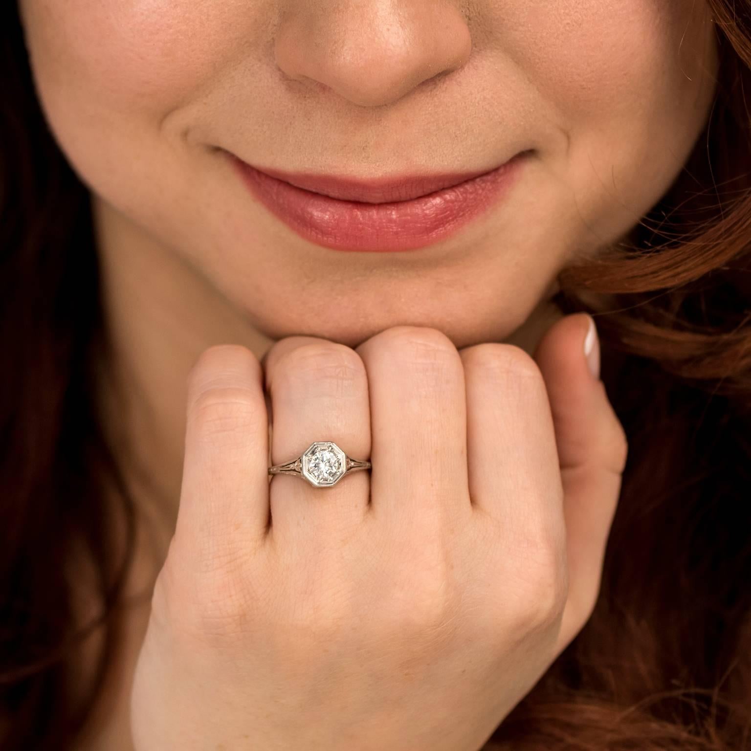 Women's Art Deco .55 Carat Diamond Gold Engagement Ring