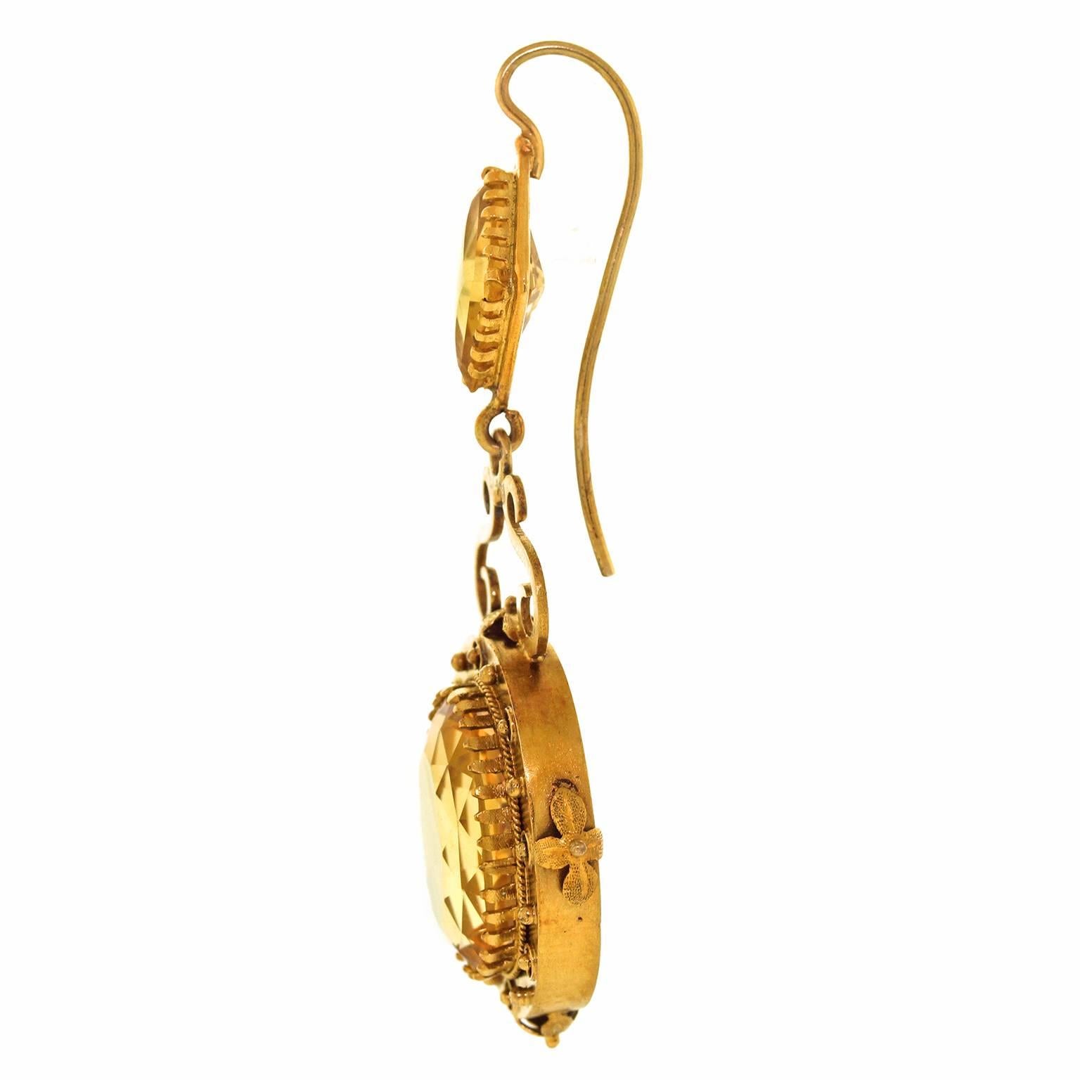 Women's Antique Citrine and Gold Dangle Earrings in the Etruscan Taste
