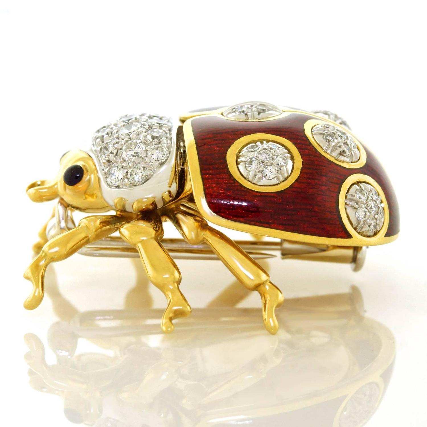 Tiffany and Co. Enameled Diamond and Gold Lady Bug Brooch For Sale at