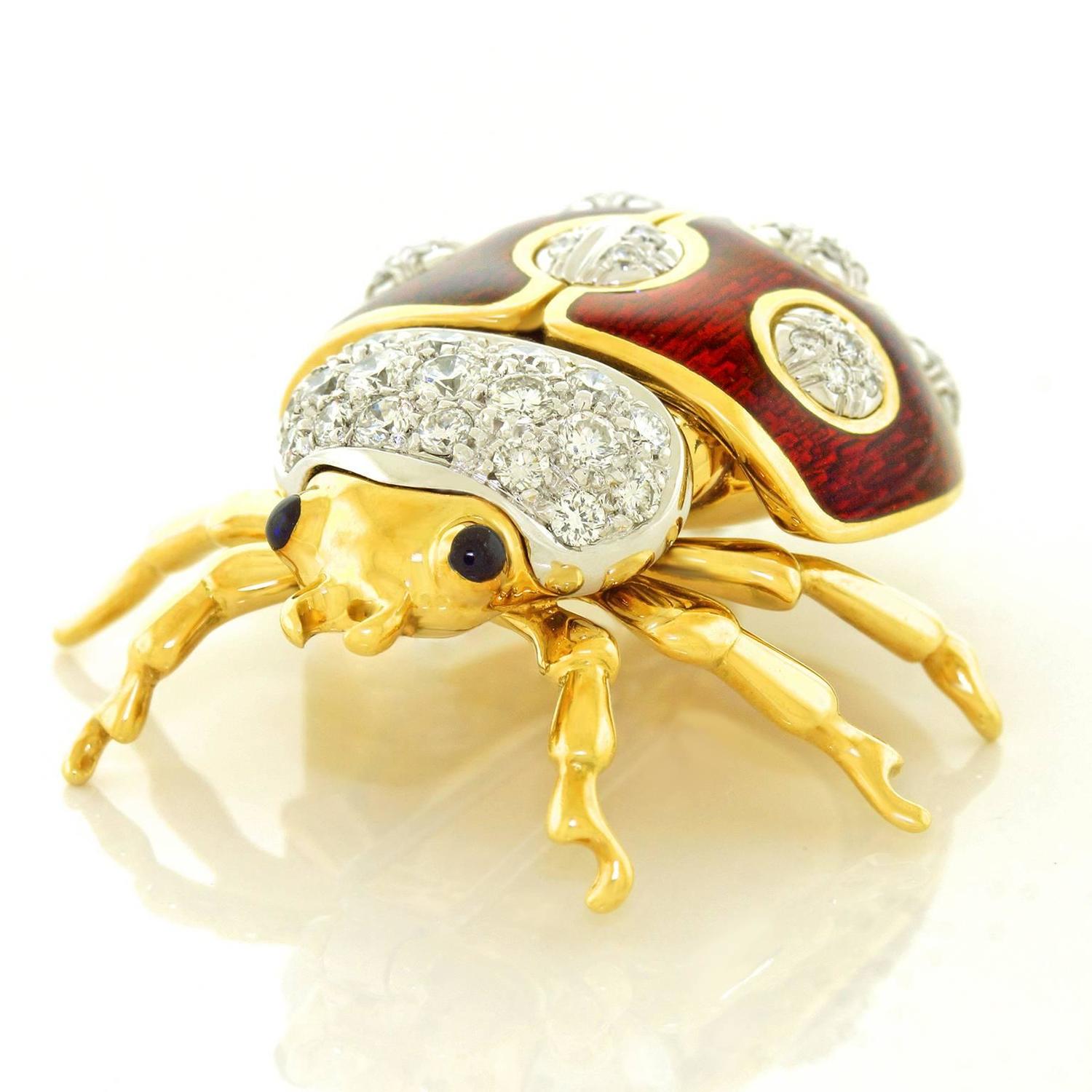 Tiffany and Co. Enameled Diamond and Gold Lady Bug Brooch For Sale at