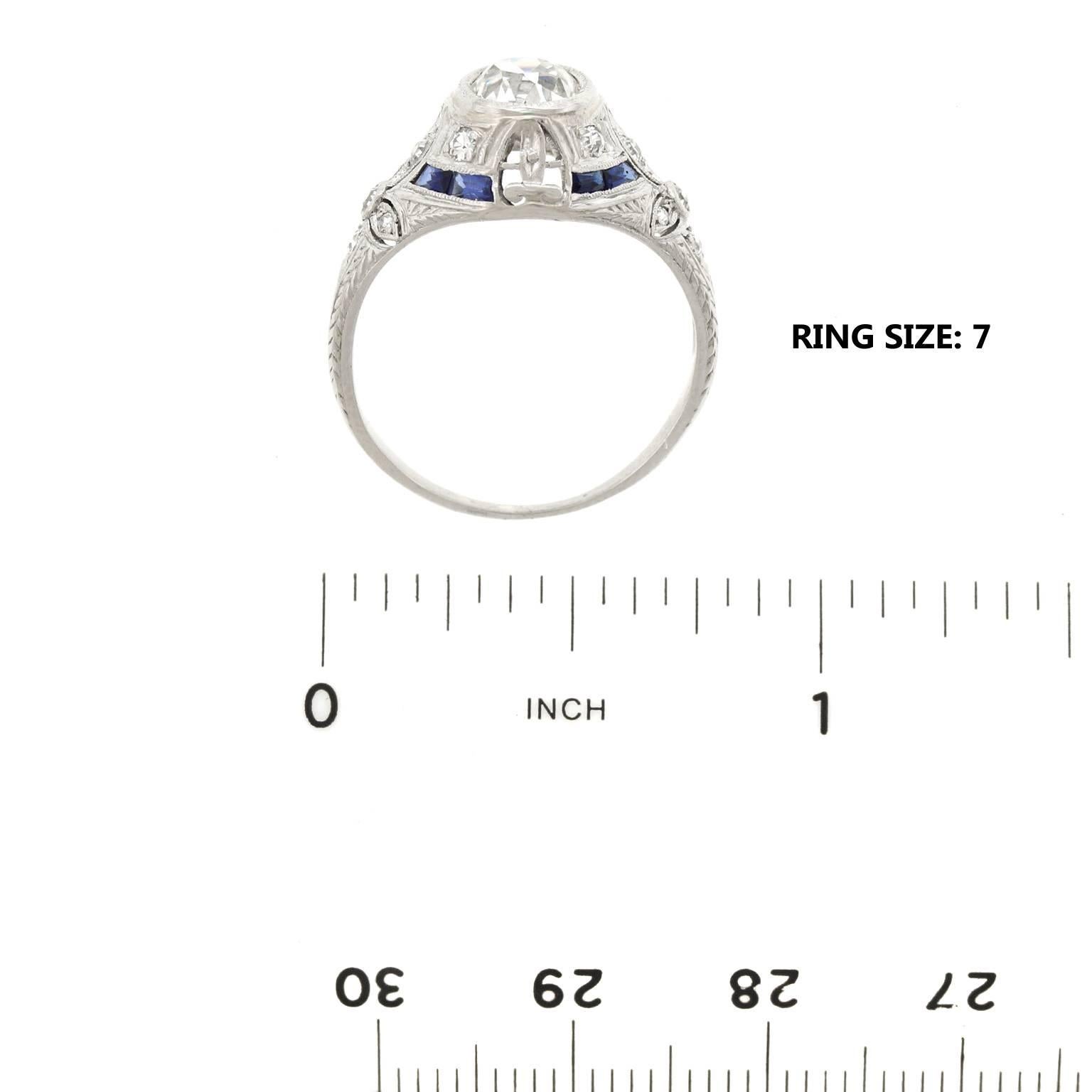 Art Deco 1.07 Carat Diamond and Sapphire Set Platinum Ring 2