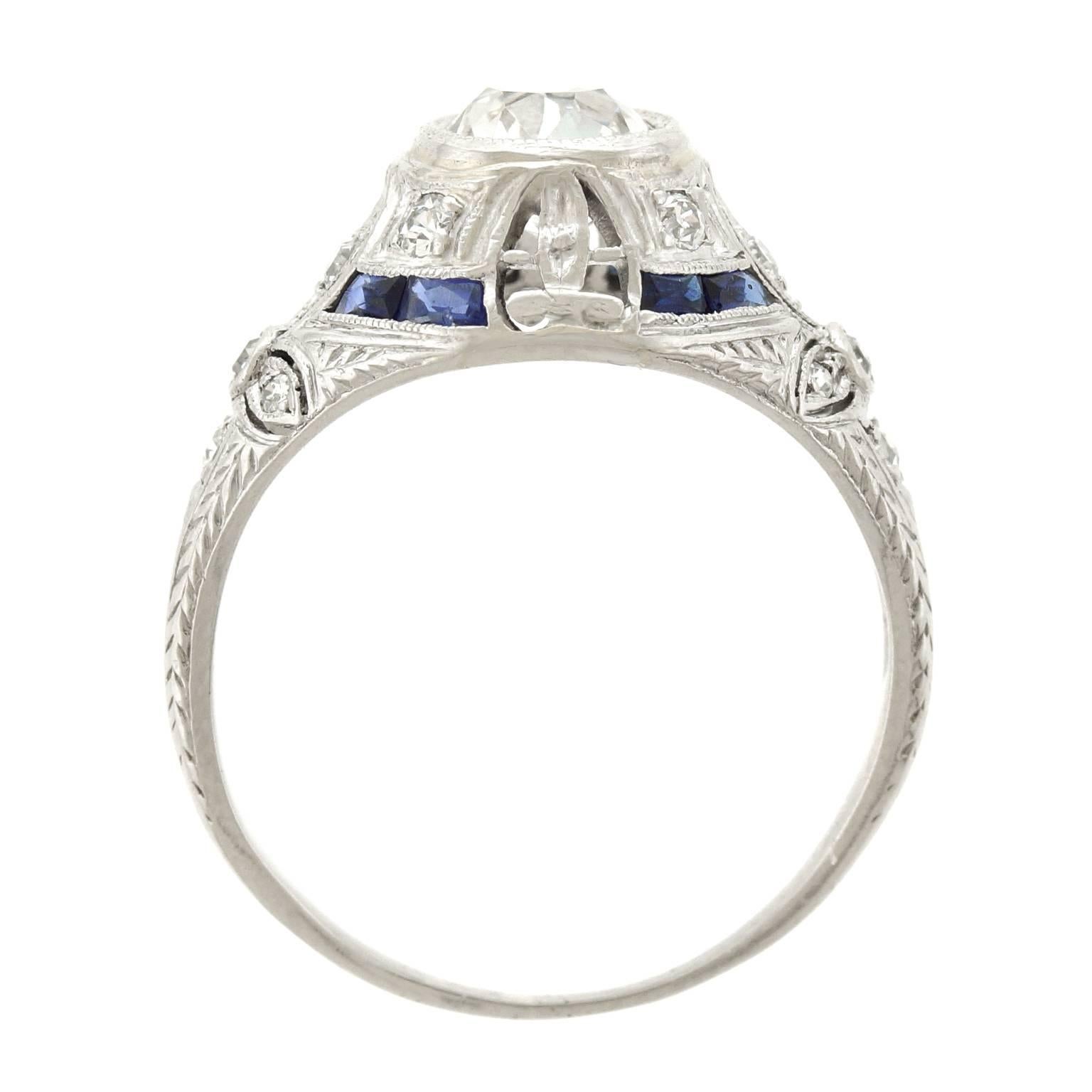 Art Deco 1.07 Carat Diamond and Sapphire Set Platinum Ring 1
