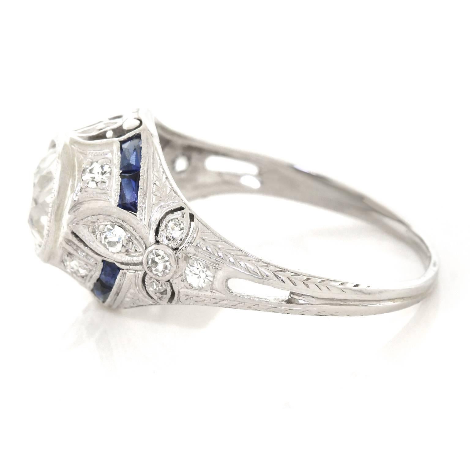 Art Deco 1.07 Carat Diamond and Sapphire Set Platinum Ring 3