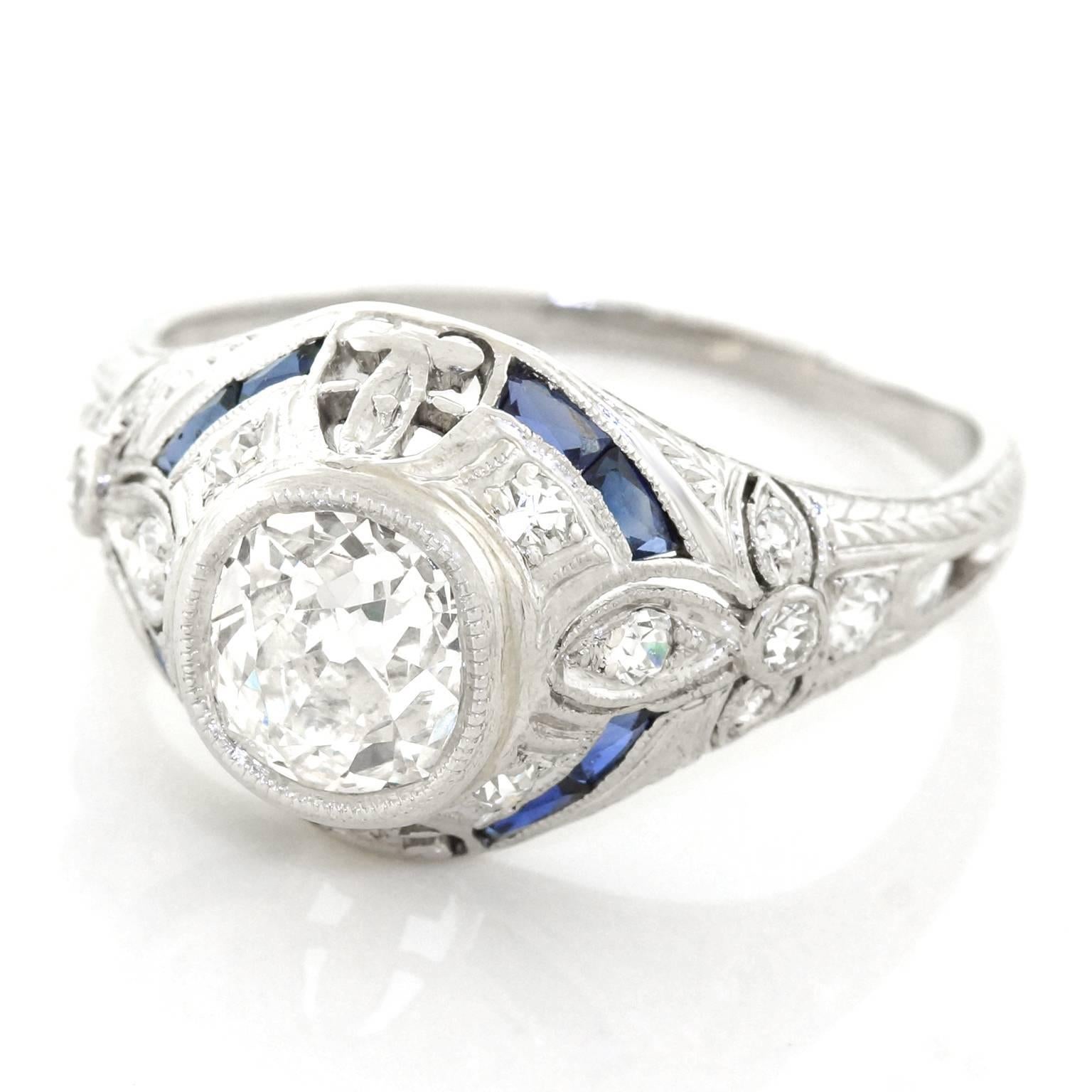 Art Deco 1.07 Carat Diamond and Sapphire Set Platinum Ring In Excellent Condition In Litchfield, CT