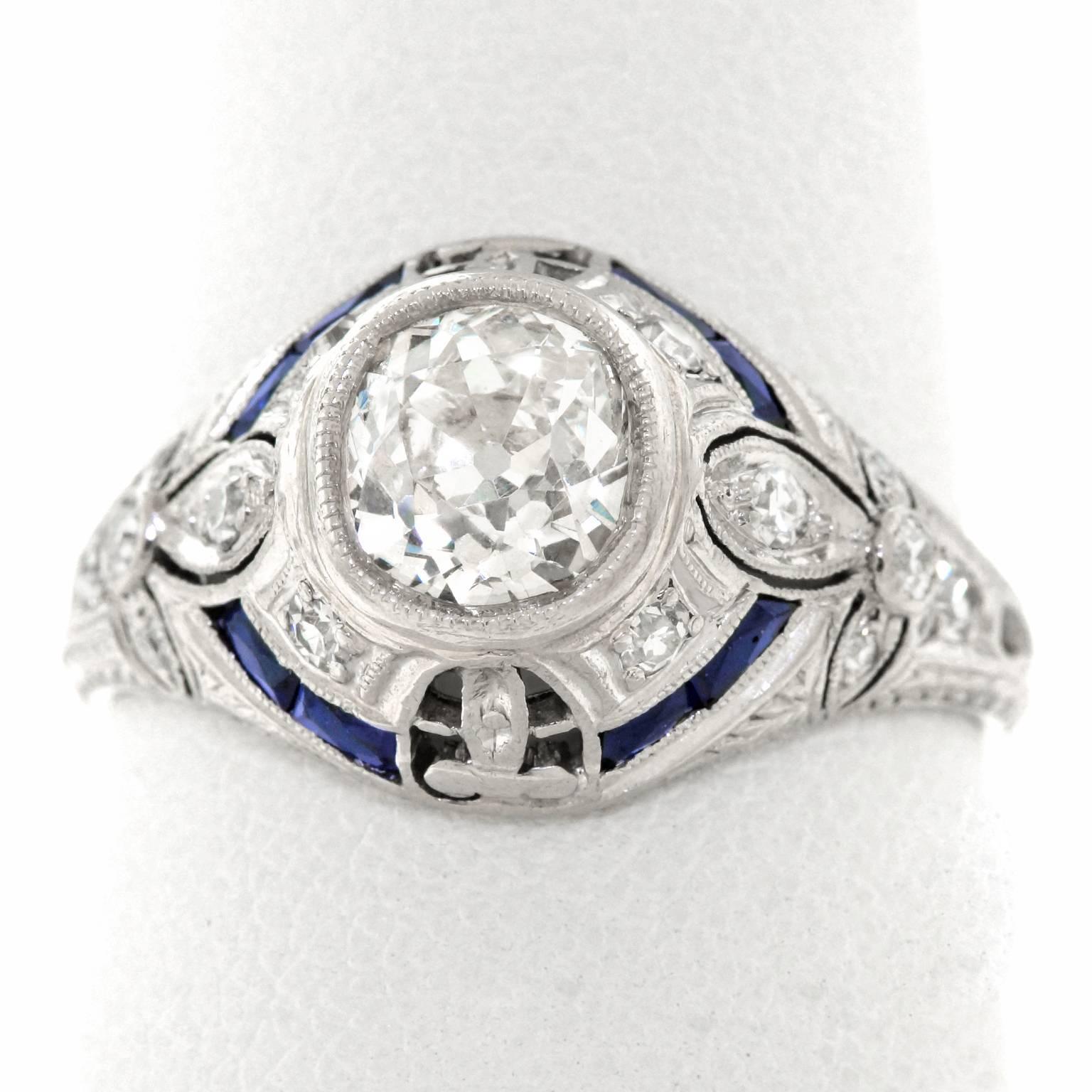 Art Deco 1.07 Carat Diamond and Sapphire Set Platinum Ring 4