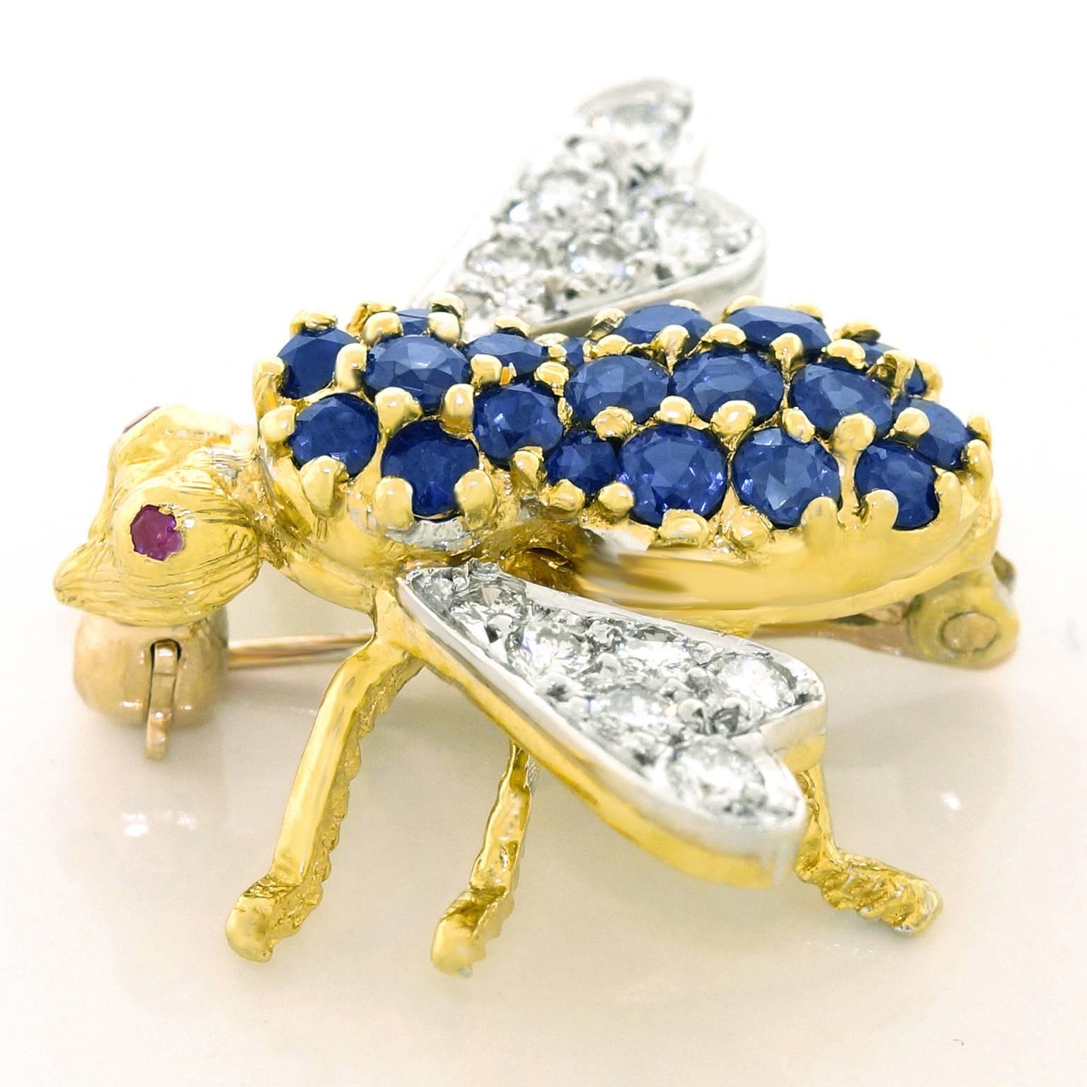 Herbert Rosenthal Sapphire Diamond Gold Bee Brooch In Excellent Condition In Litchfield, CT