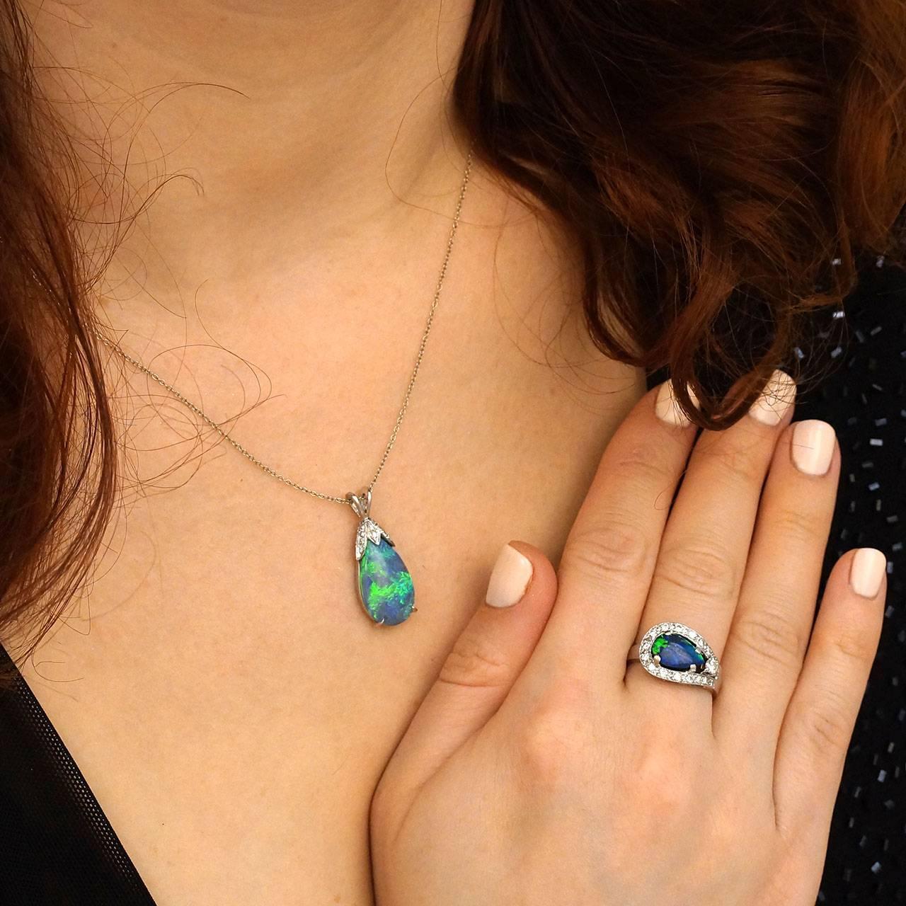 Women's Black Opal and Diamond Pendant in Platinum
