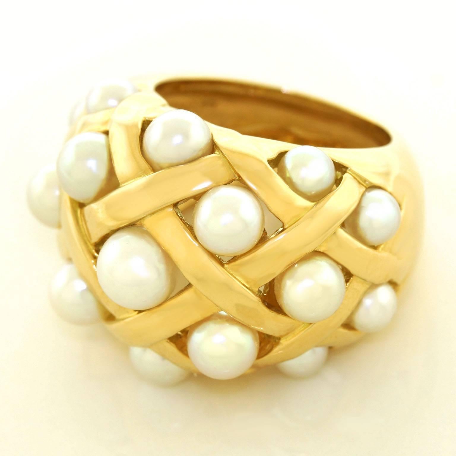 Chanel “Matelasse” Pearl Set Gold Ring In Excellent Condition In Litchfield, CT