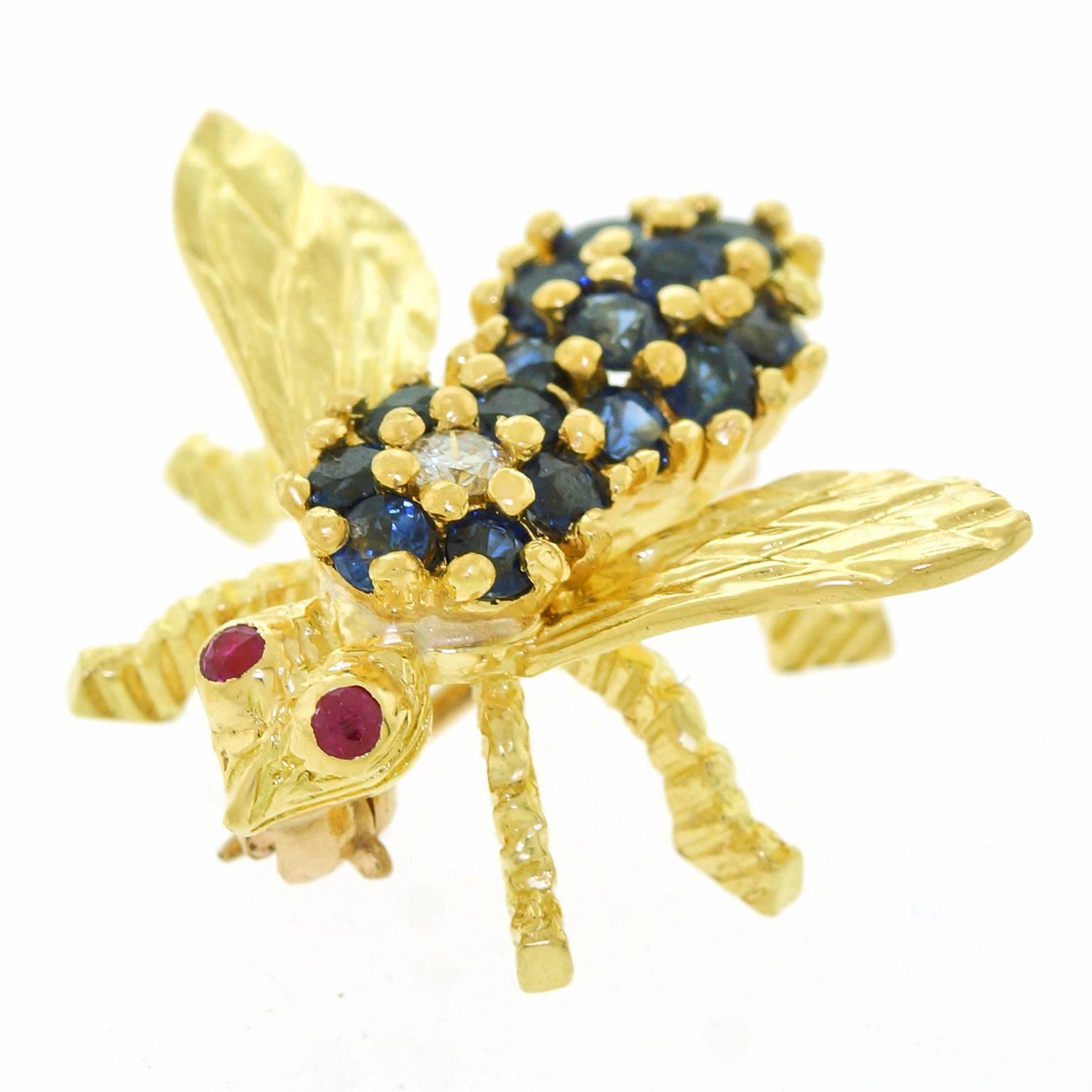 Herbert Rosenthal Sapphire Diamond Gold Bee Brooch In Excellent Condition In Litchfield, CT
