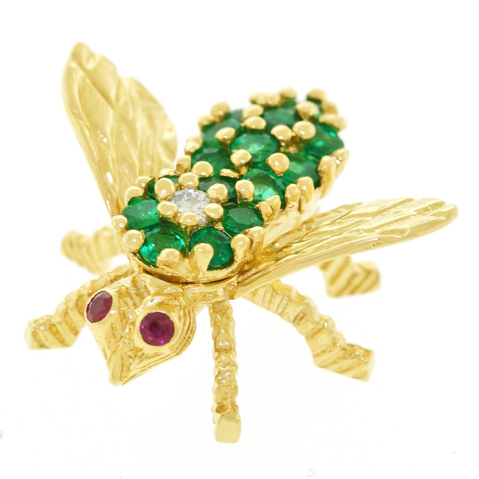 Herbert Rosenthal Emerald Diamond Gold Bee Brooch In Excellent Condition In Litchfield, CT