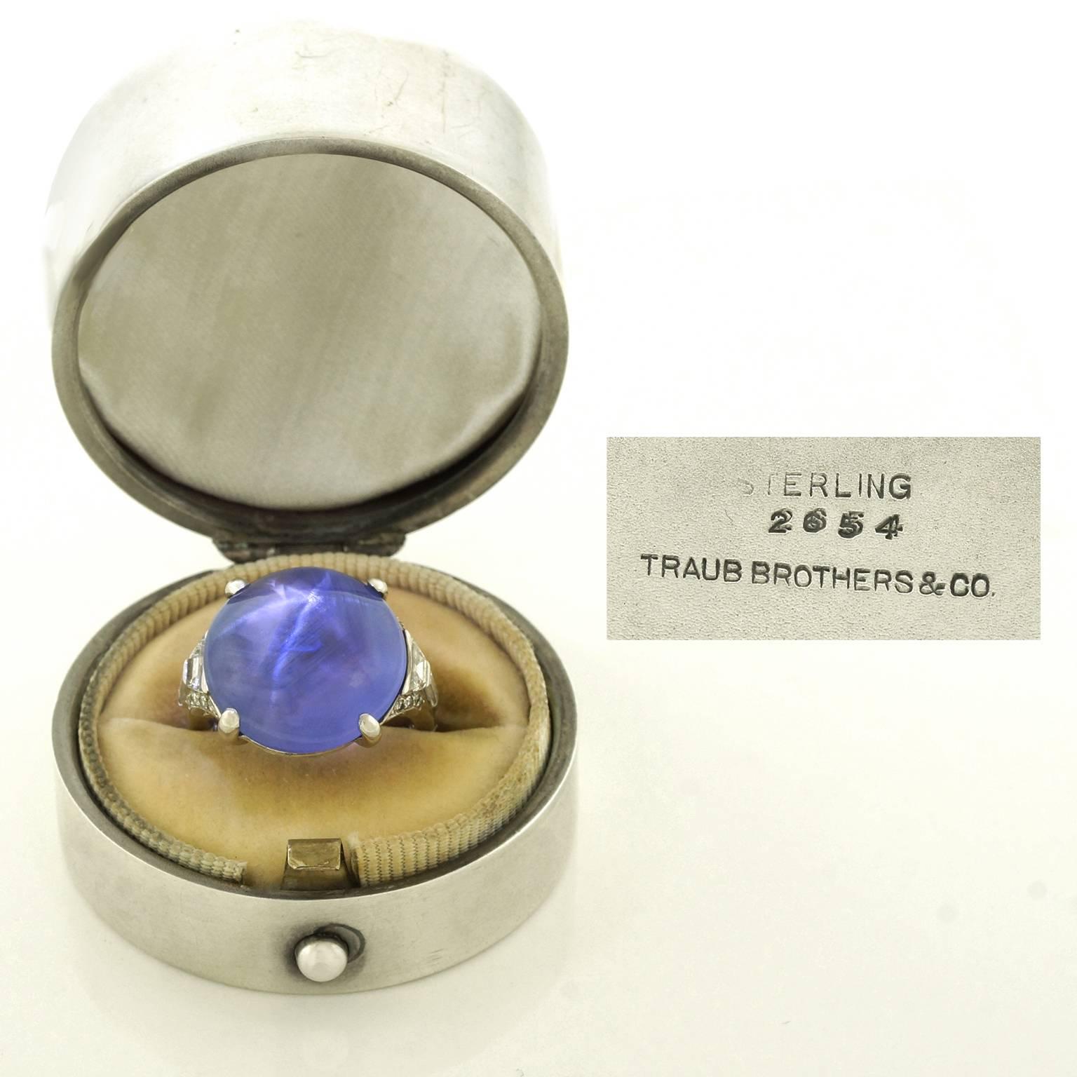Art Deco 22.56ct Star Sapphire Ring by Traub Brothers Detroit 1