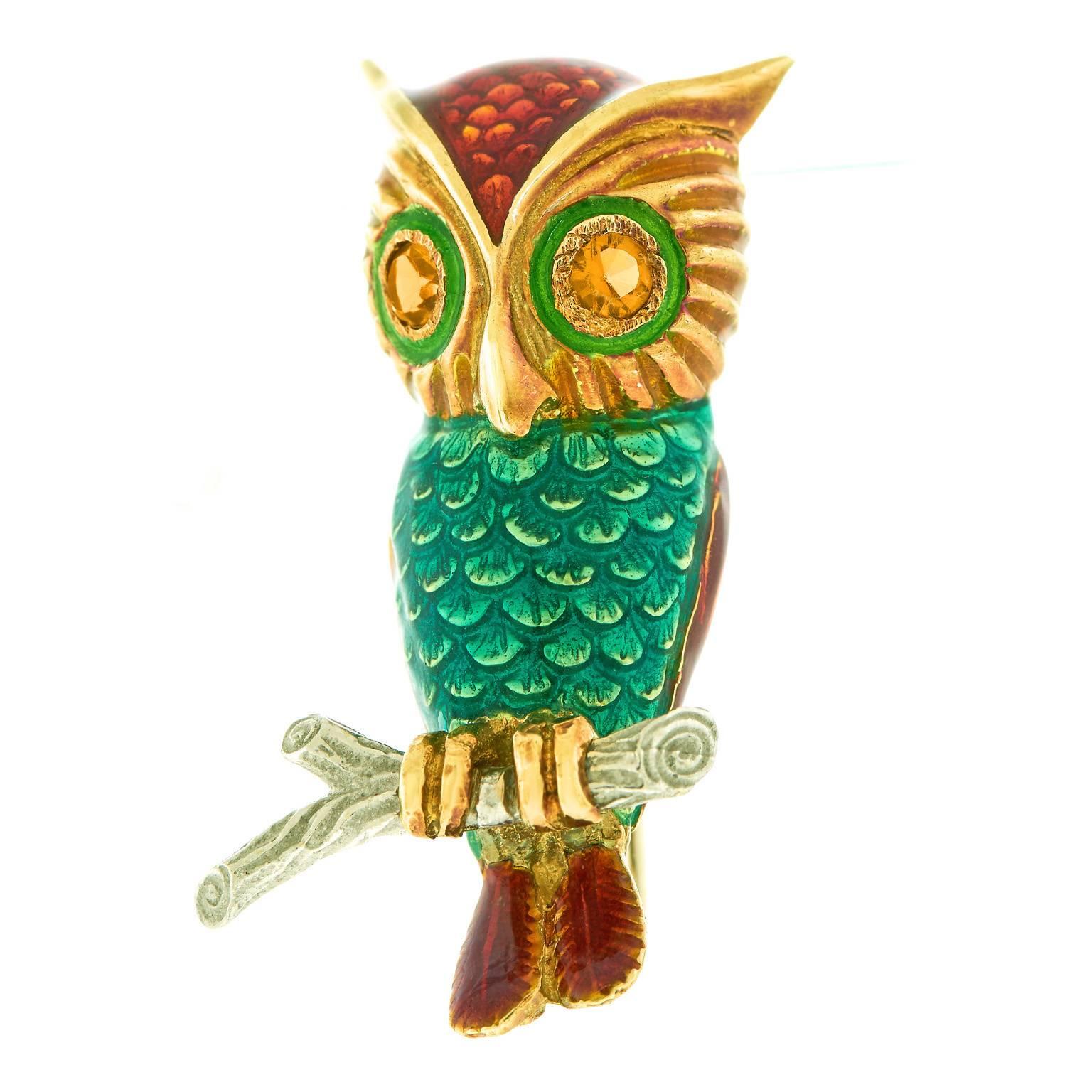 Hammerman Brothers Enameled Owl Brooch In Excellent Condition In Litchfield, CT