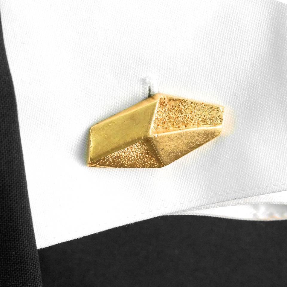 Circa 1950s, 14k, Ed Wiener, USA.  The look is fifties cool. These 14k Mid-century cufflinks, from the renowned New York Modernist, Ed Wiener, are well-made, hand-textured, and rather larger than was customary for the period. They are in excellent