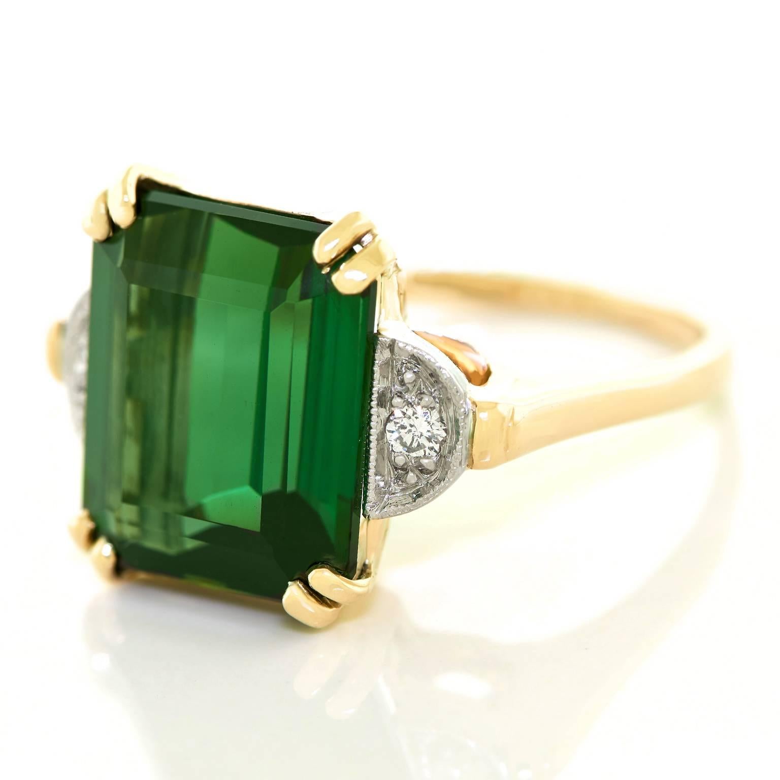 1950s F. & F. Felger Tourmaline Diamond Gold Ring In Excellent Condition In Litchfield, CT