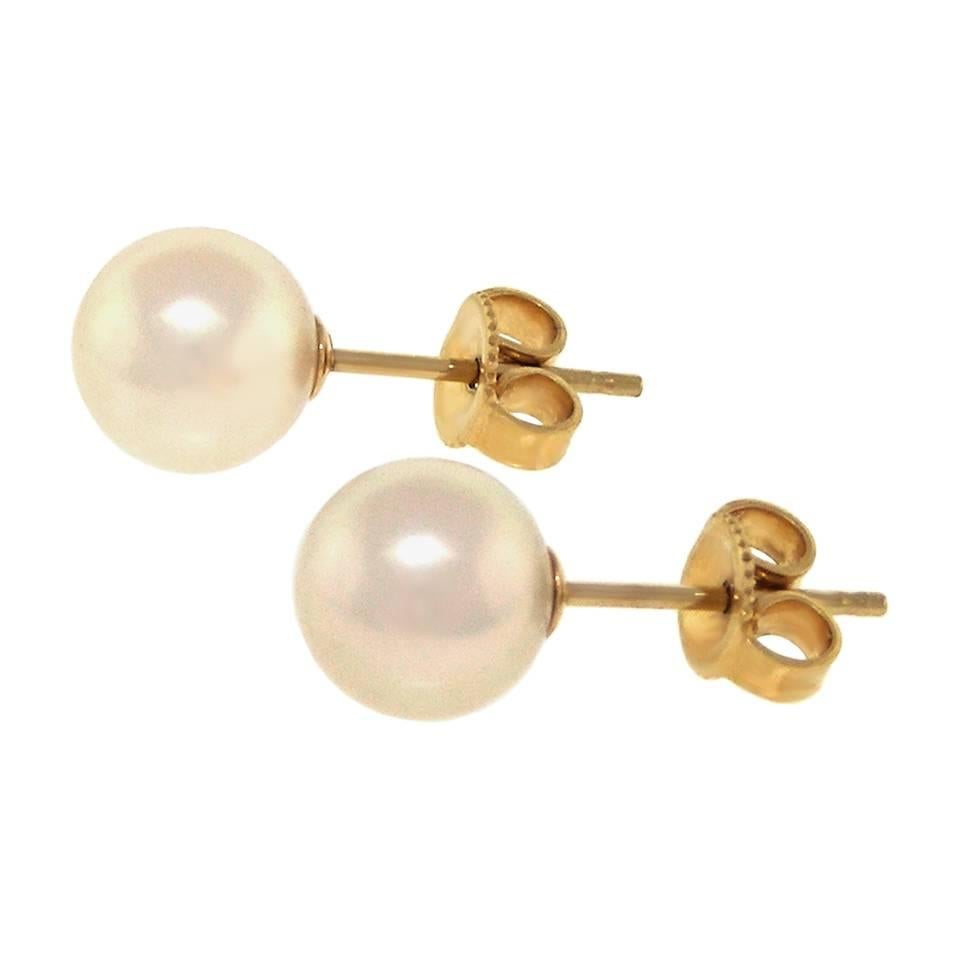 Mikimoto Pearl and Gold Studs In Excellent Condition In Litchfield, CT