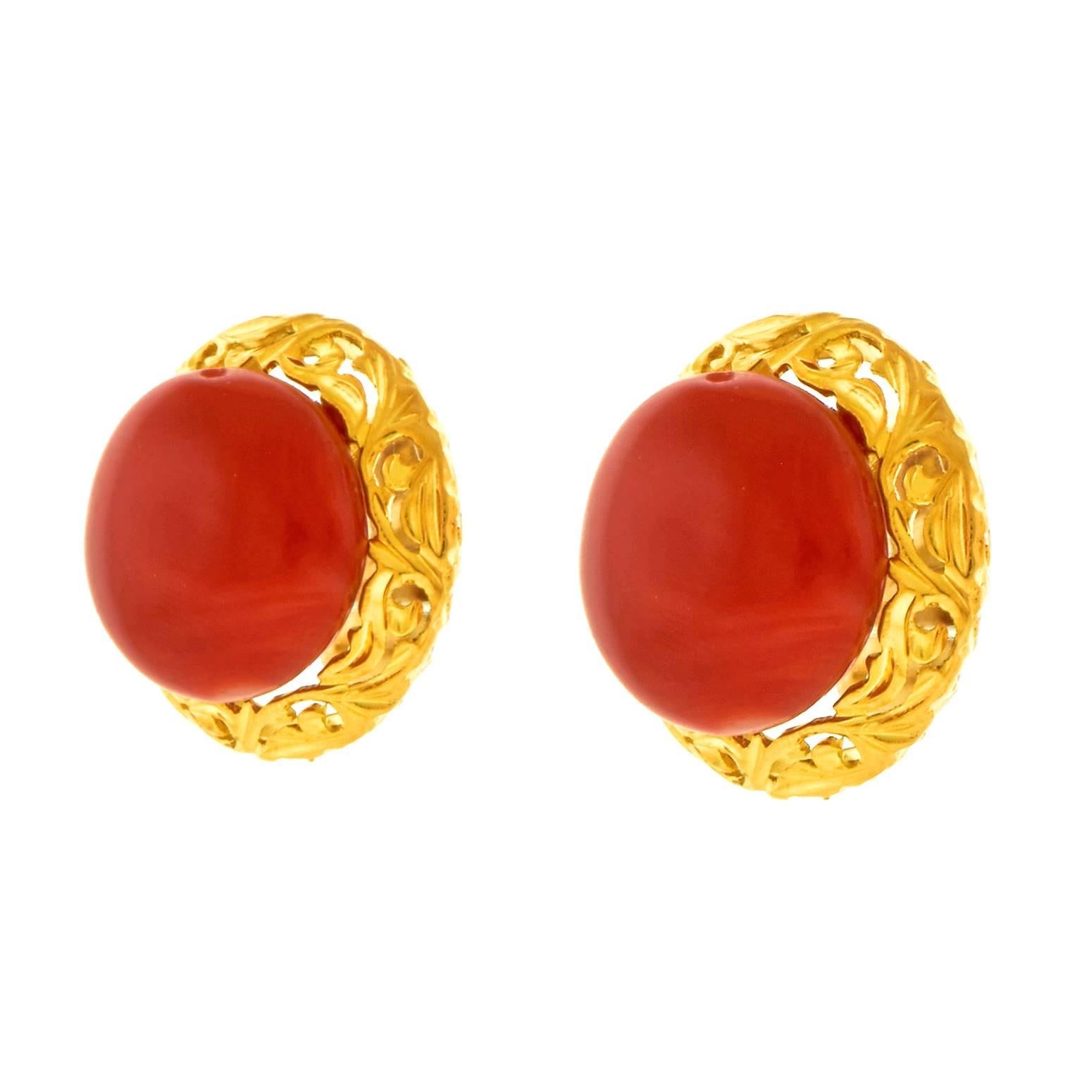 Art Deco Antique Coral Earrings in Gold and Gilded Sterling