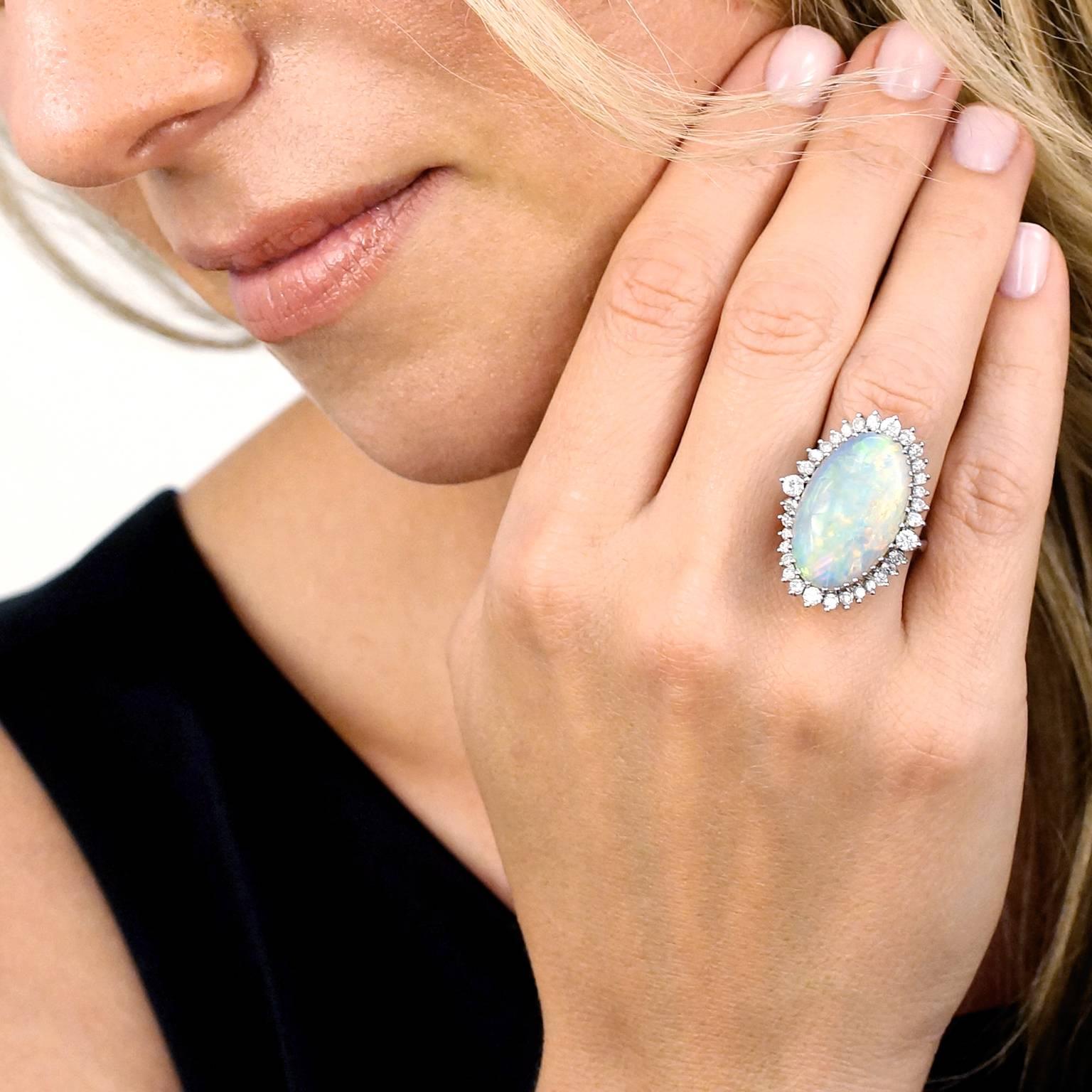Women's Superb Opal and Diamond White Gold Ring