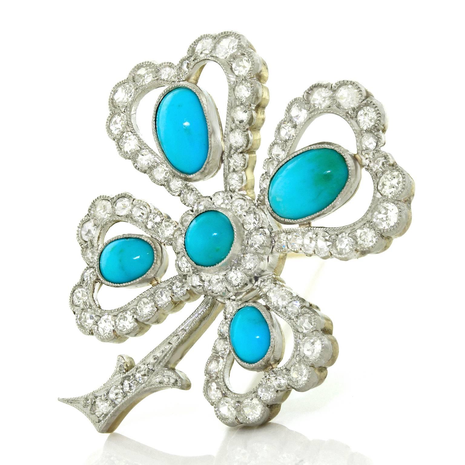 Edwardian Antique Persian Turquoise and Diamond Clover Brooch